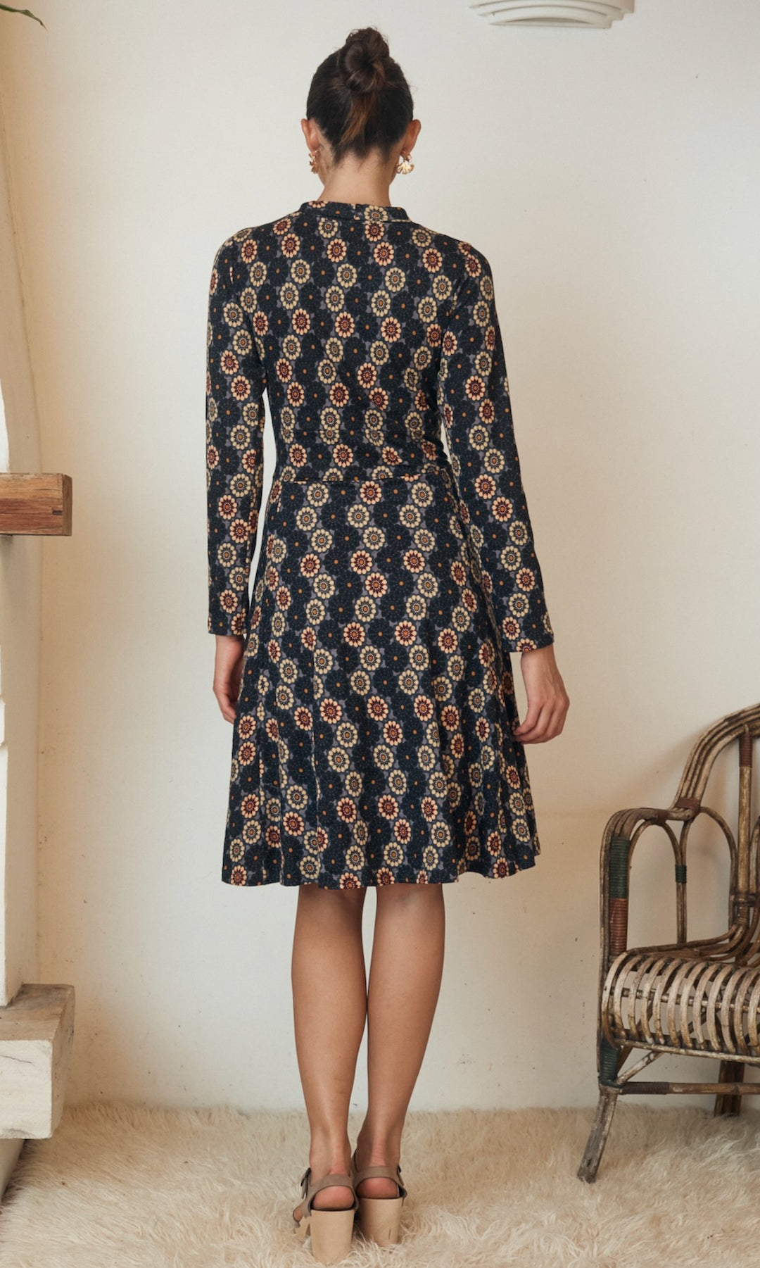 Detailed close-up of a button-down floral print dress, with intricate fabric detailing.