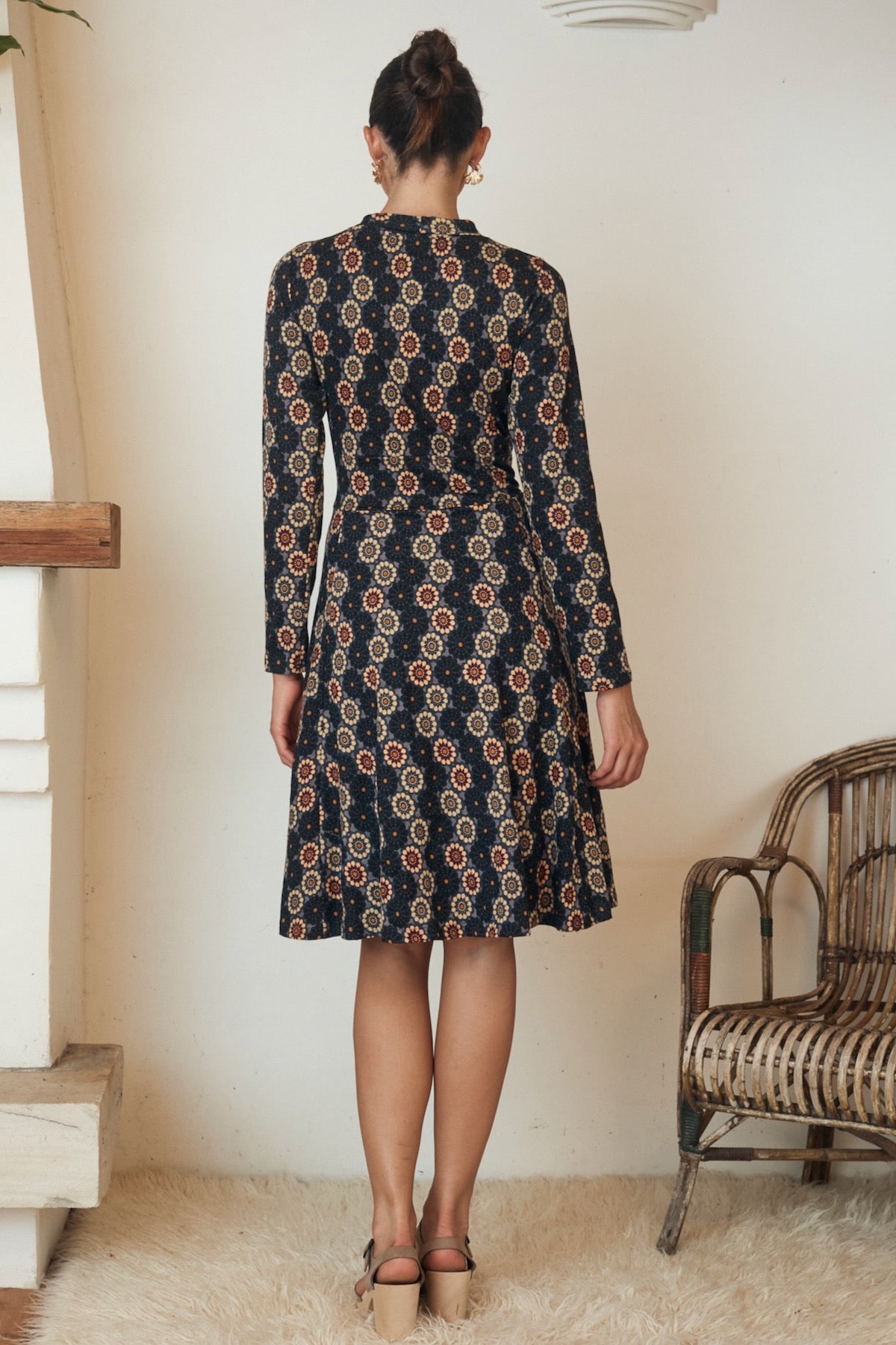 Detailed close-up of a button-down floral print dress, with intricate fabric detailing.