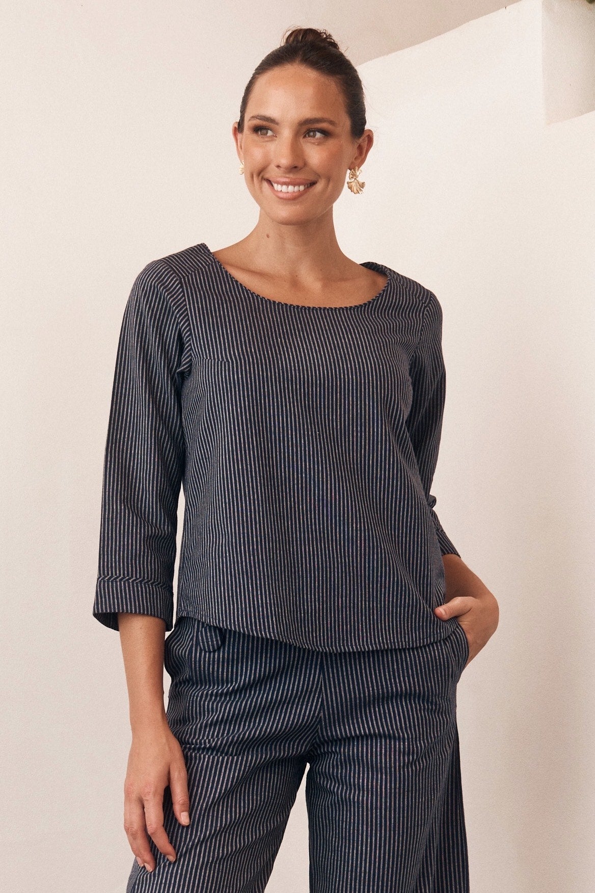 Close-up of a floral print dress with button details and a wide neckline.